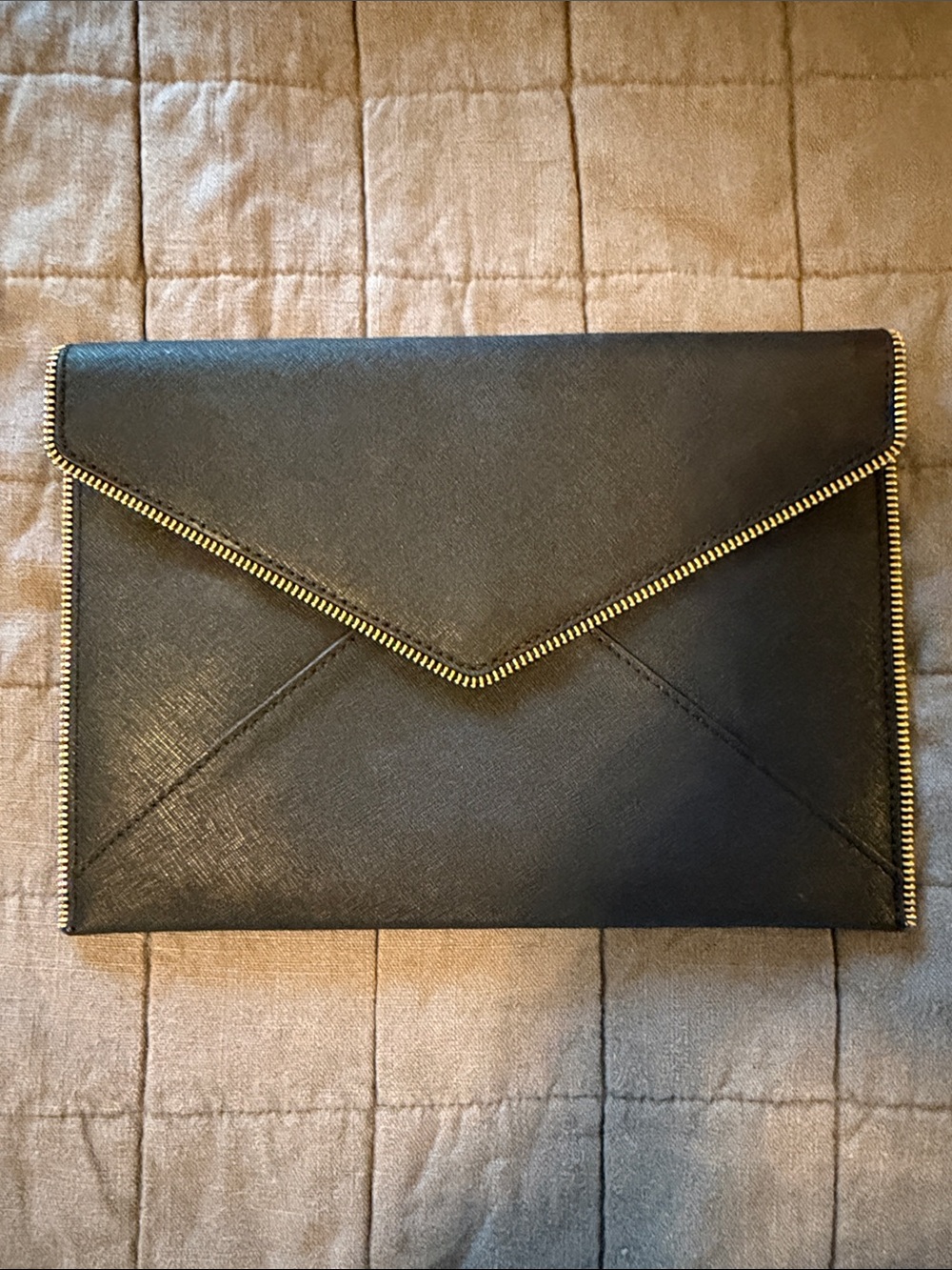 Rebecca Minkoff Black Leather Envelope Clutch with Gold Zipper Trim